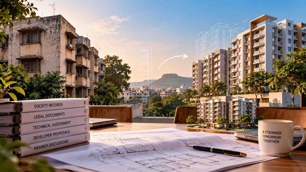 Housing society redevelopment in Nashik, showing older apartments alongside modern residential buildings.